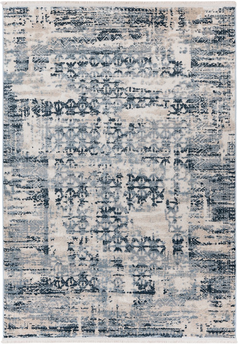 Padiro laagpolig vloerkleed 120 x 170 cm - blauw - vintage-look - met franjes - geschikt voor vloerverwarming - van polypropyleen