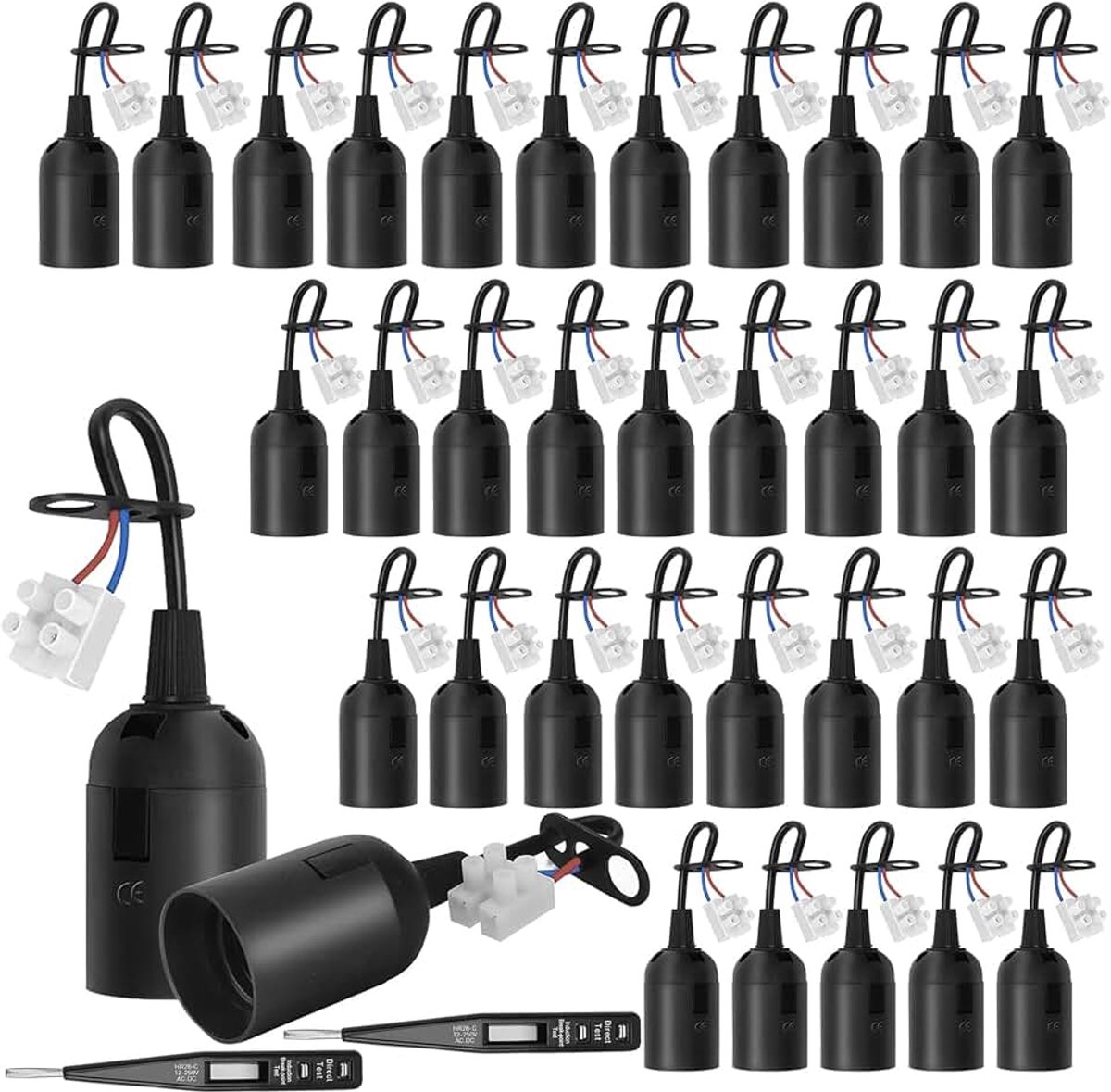 35 stuks Lampenfassung E27 + 2 stuks VDE-spanningstester, Lampenfassung met kabel, Bouwfassung met kabel, Renovatiefassung, E27 Fassung, Bouwplaatsfassung (35 stuks Fassung + 2 VDE-spanningstester)