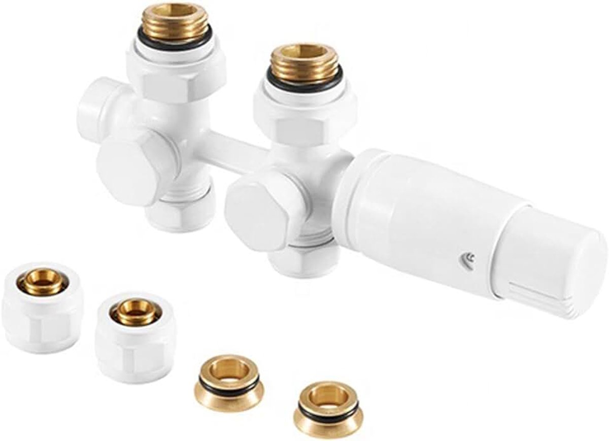 Design voor radiatoren, (φ16 mm x g1/2 inch, 1 stuk), doorlopende middenaansluiting, radiatorventiel met thermostaat, naafafstanden van 50 mm, voor badkamerradiatoren, vloer, wandmontage