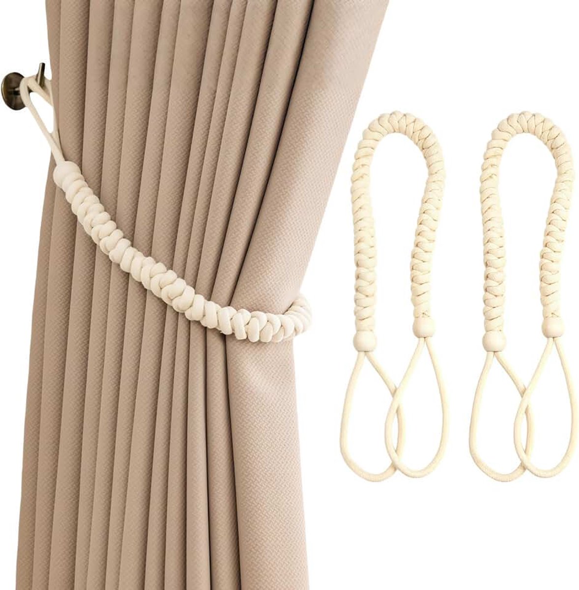 Woven Rope Curtain Tiebacks 2 Pack Beige Knotted Curtain Tiebacks 81cm No Drilling Required Beige