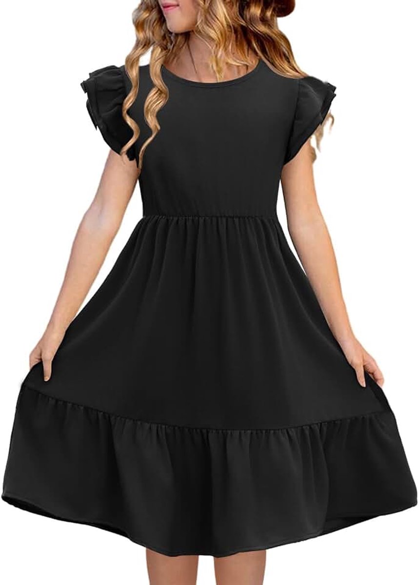 Meisjesjurk, ronde hals, effen, zomerjurk, ruches, mouwen, A-lijn, prinsessenjurk, casual, elegant, bruiloft, verjaardag, casual jurk