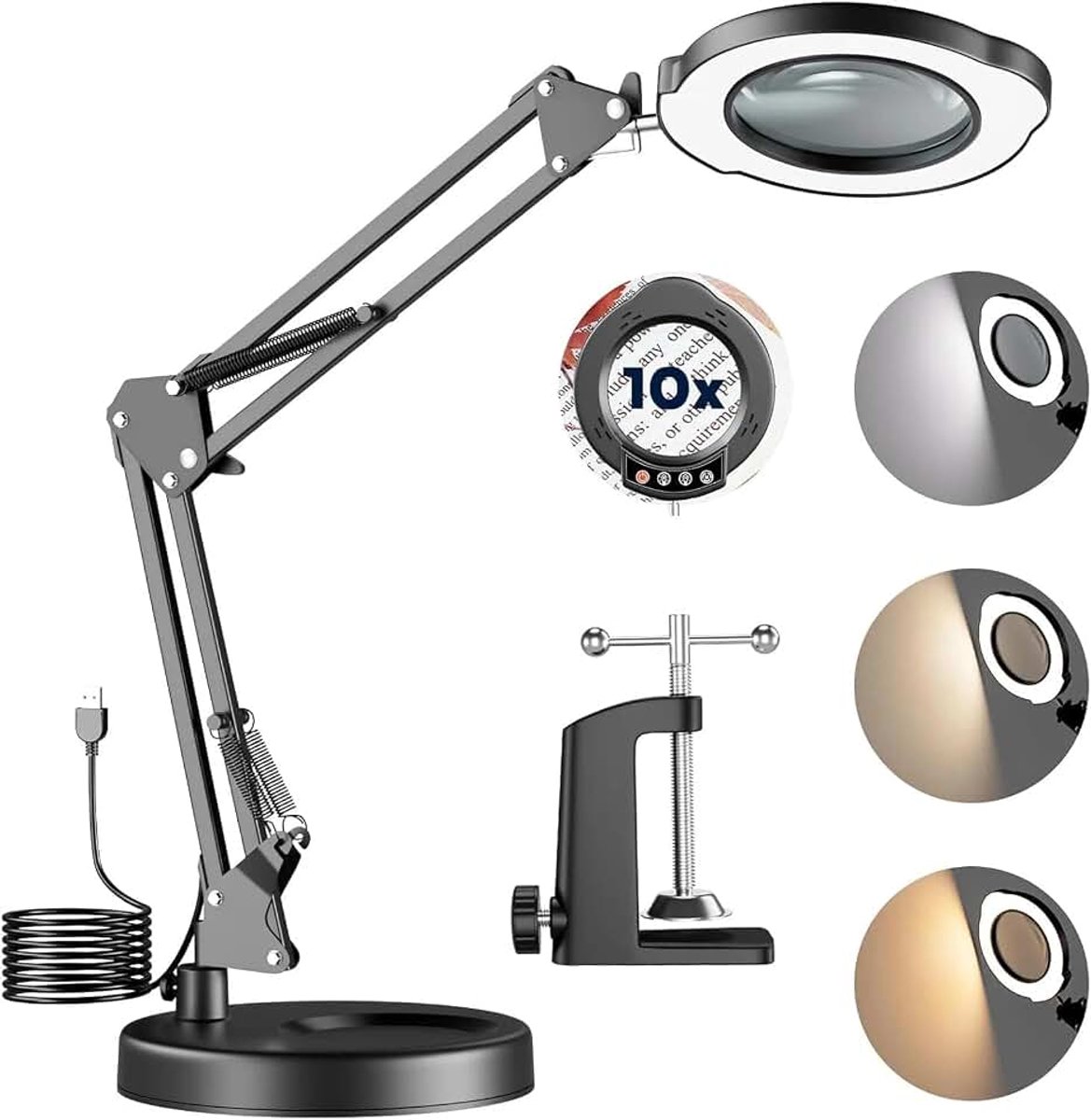 10-voudige loep met licht, led-vergrootlamp, 5 kleurmodi, traploos dimbaar | vergrootlamp met klem, verstelbare zwenkarm, vergrootglas voor handwerk, lezen, knutselen, energieklasse D