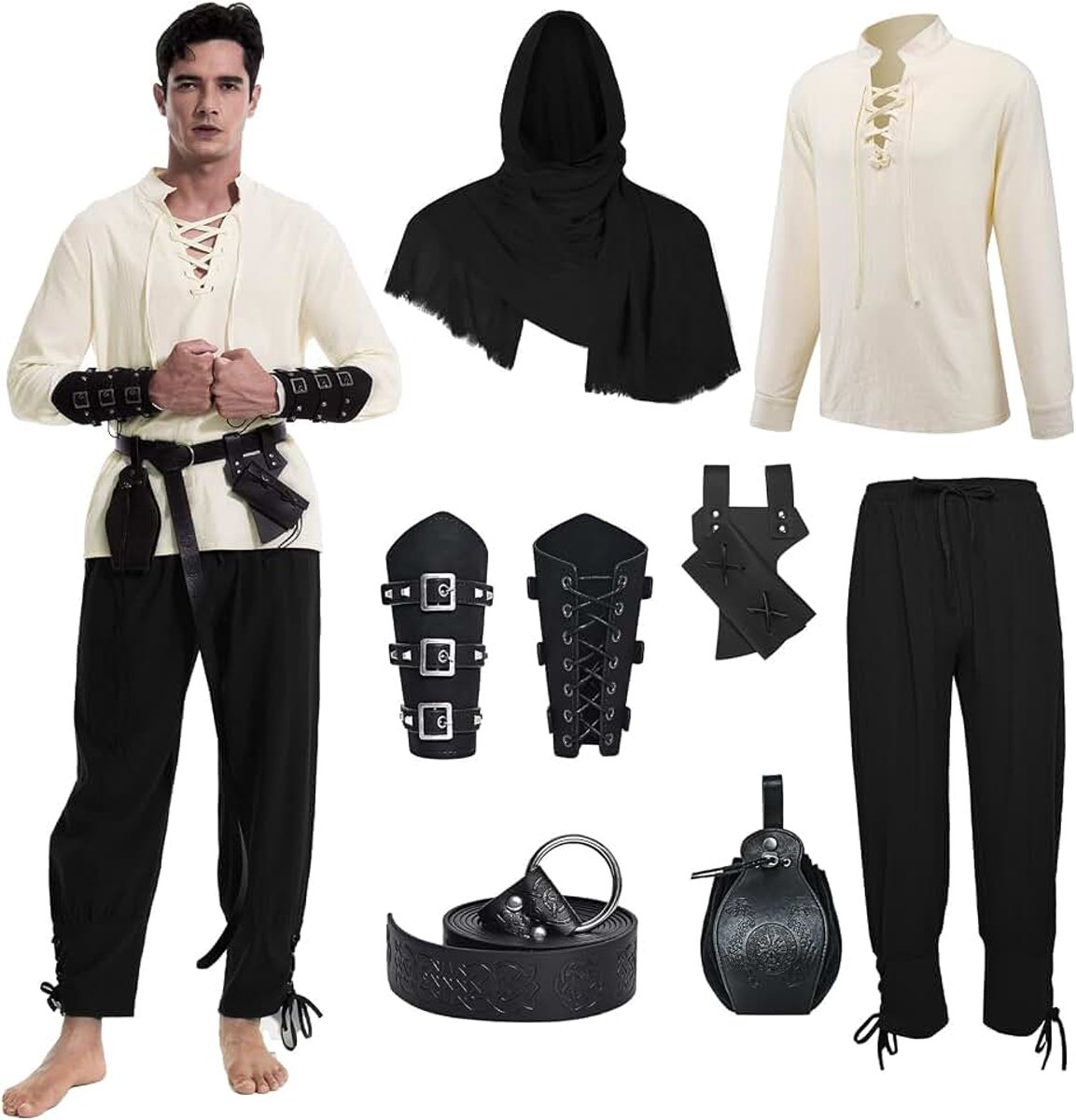 Renaissance-kostuum voor heren, Viking-kostuum, veterhemd, herenbroek met accessoires, Halloween-kostuum voor cosplay, maskerade, tovenaar
