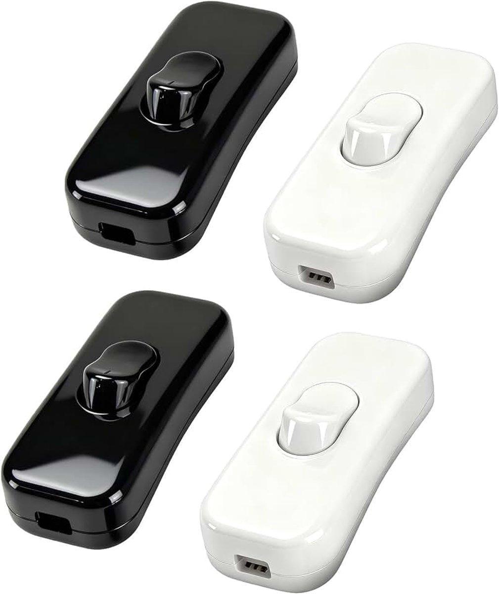 Schakelaar, snoerschakelaar, schakelaar 230 V, kabelschakelaar, geschikt voor 2- en 3-aderige netsnoeren en kleine apparaten of lampen tuimelschakelaar, wit + zwart