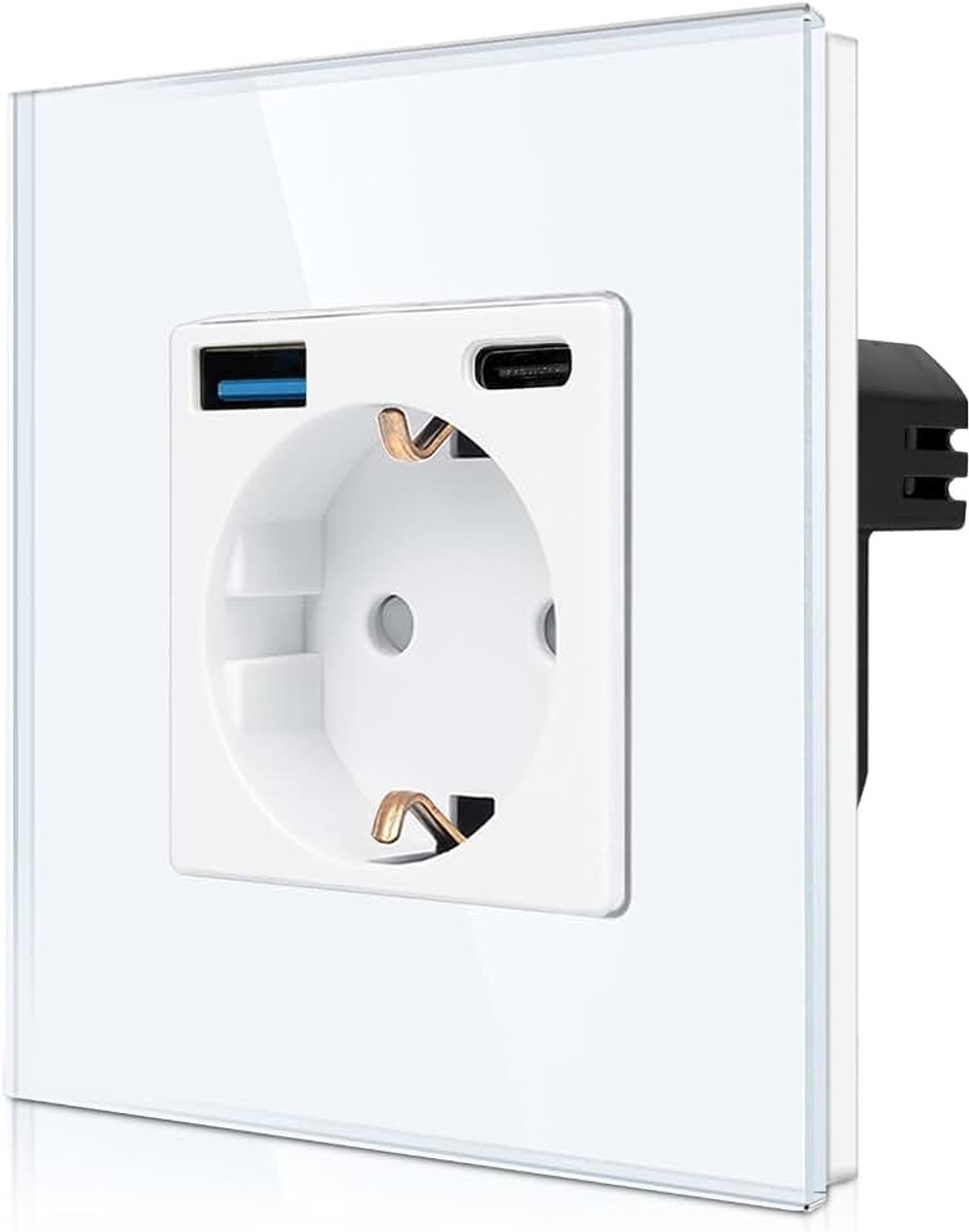 Enkel stopcontact met 2 x USB-poort (20 W snel opladen), 1 x type C en USB-A, eenvoudig glazen Schuko-stopcontact, inbouw, witte wandcontactdoos met kinderbeveiliging