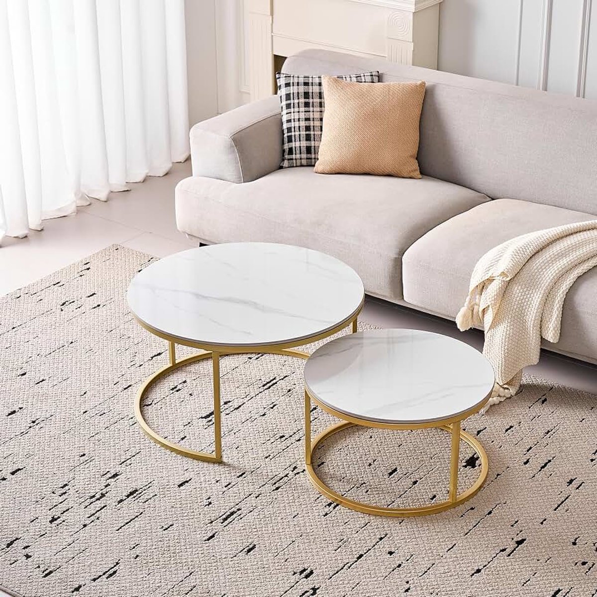Set van 2 inschuifbare salontafels met keramisch stenen plateau, ronde salontafel, industrieel design, geschikt voor woonkamer, slaapkamer, kantoor en balkon (wit/goud-80cm)
