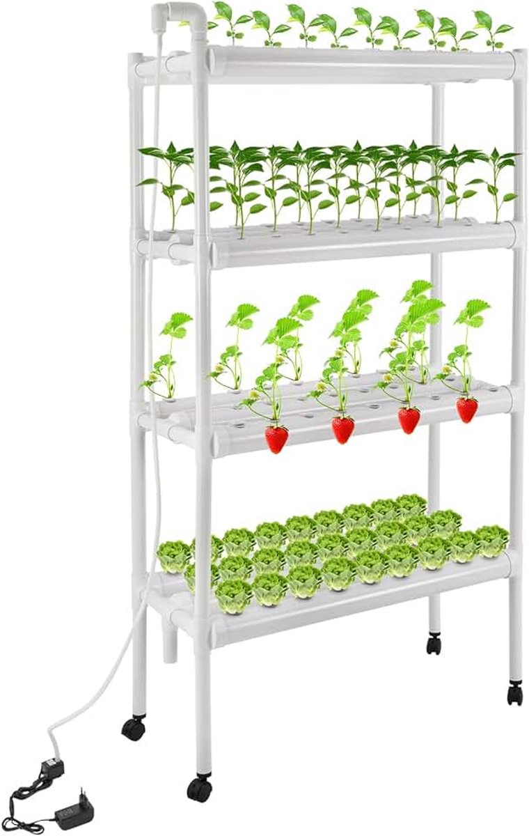 Kweekset met 108 plantenplaatsen, 4 lagen hydrocultuur groeistandaard, hydrocultuur kweekset, 4 universele wielen met remmen, aardloze aanbouwslangen, verticale tuin