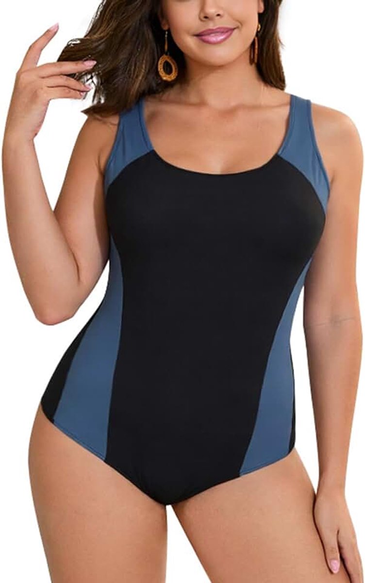 Eendelig badpak voor dames, buikweg, atletische badmode, grote maten, racerback, sportbadpak, kleurblok, zwempak