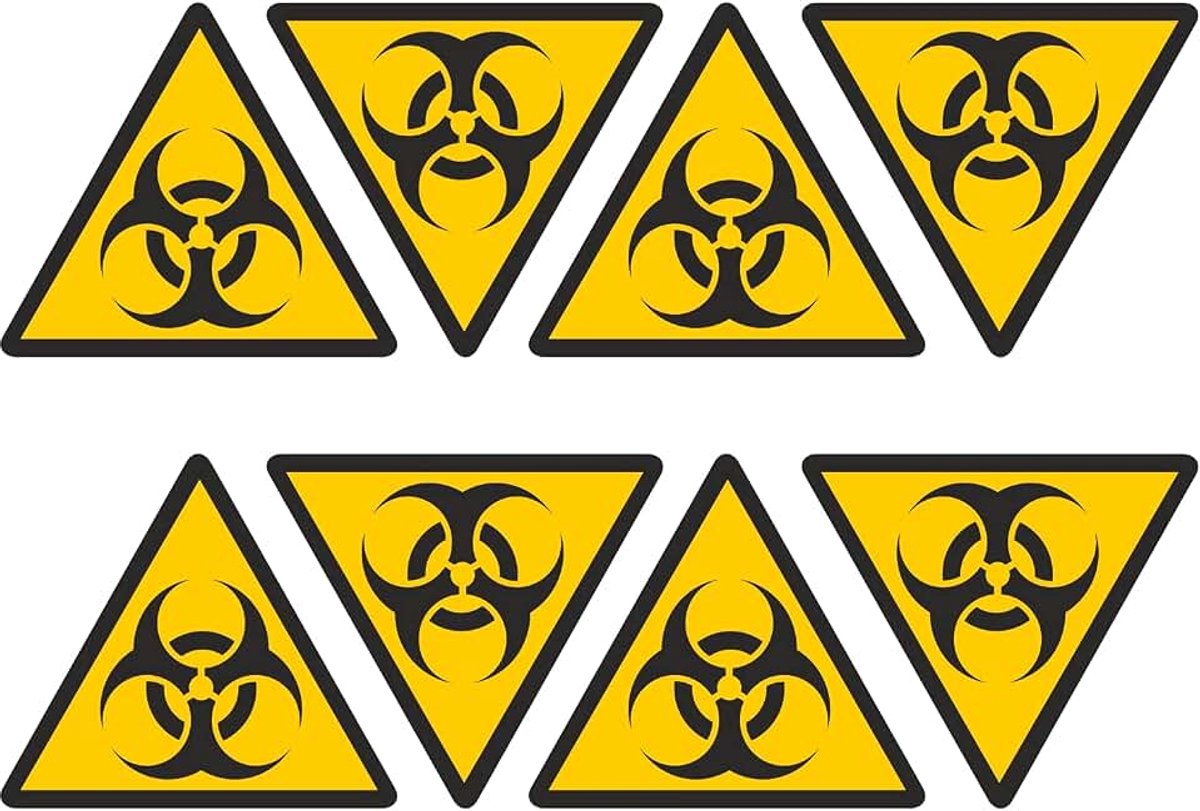 Biohazard Gevaarstickers voor laboratoria, ziekenhuizen, industrie, 8 driehoeken, 9,5 x 8,5 cm