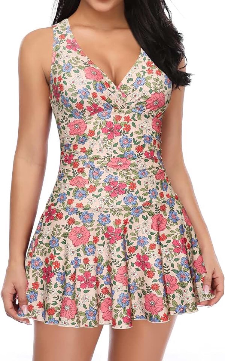 Dames Badpak Jurk V-hals retro Abdominale Controle Klassiek ruched Badmode Mode Eendelige Badjurk | Buikcontrole, brede bandjes, gekruiste rug, vulling, ruches