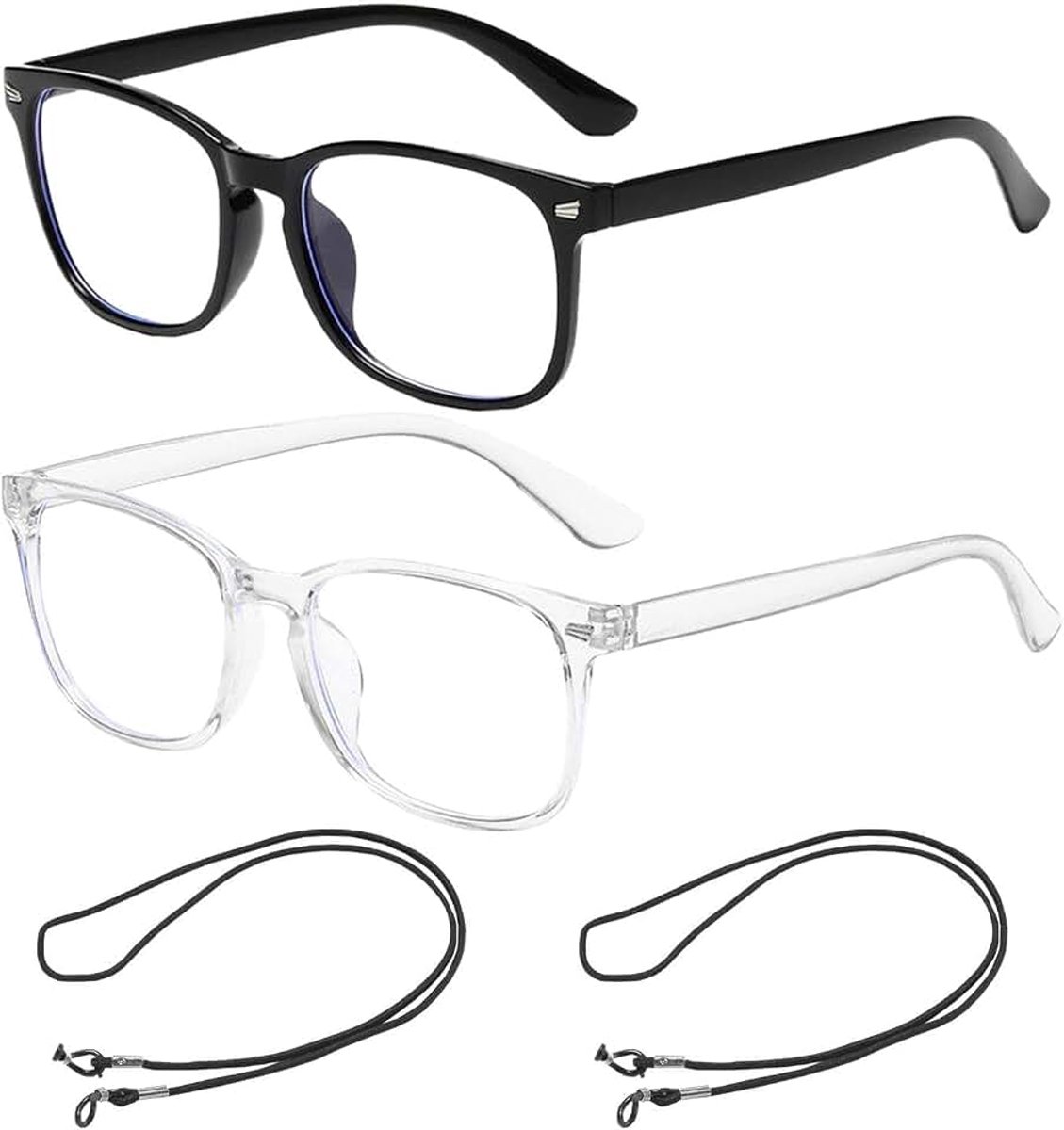 Verpakking met 2 platte brillen en 2 brilbandjes, klassieke brillen, modebrillen, leesbrillen, computerbrillen, elastische banden voor sportbrillen, Zwart, Eén maat