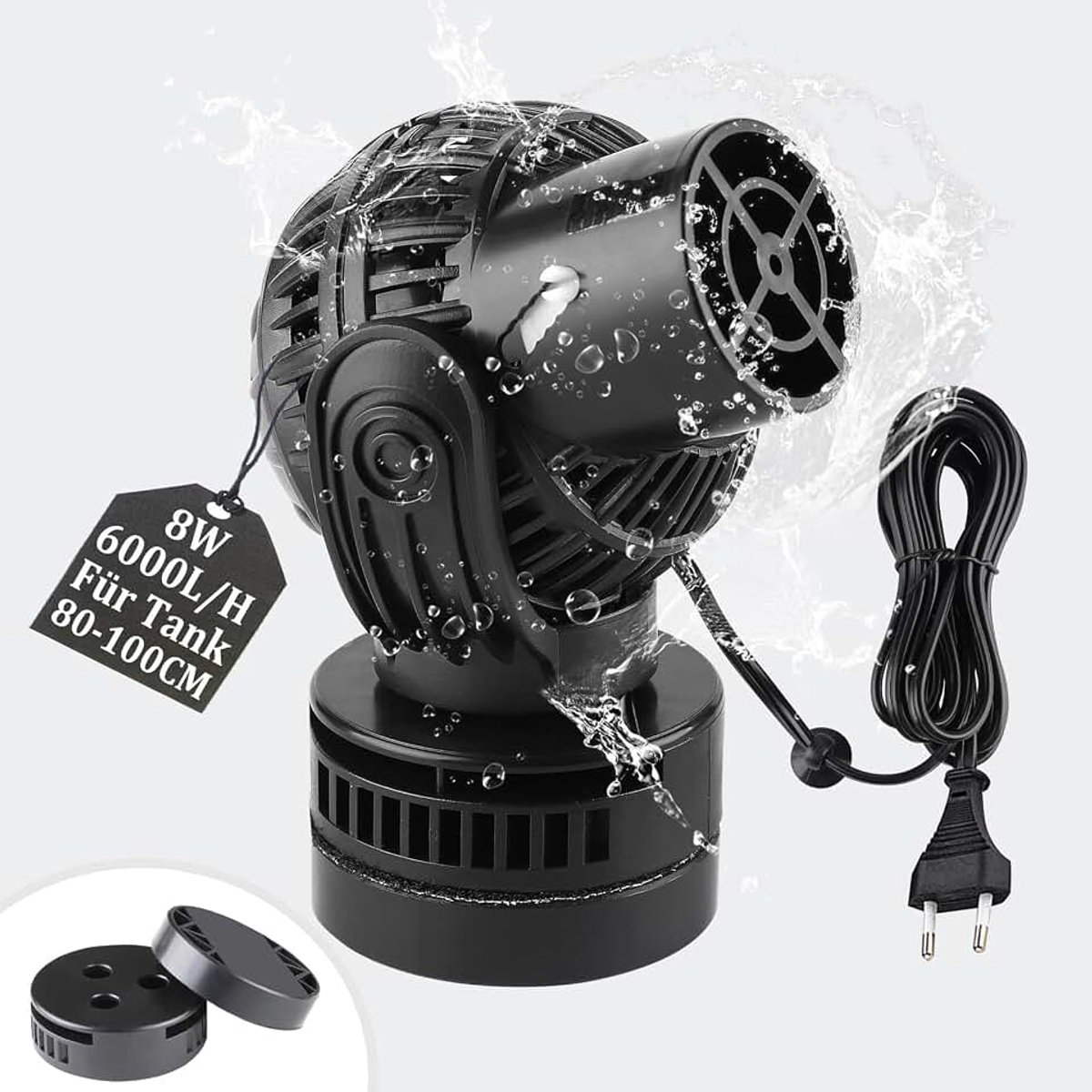 JVP-131 6000 l/h 8 W waterpomp circulatiepomp Wave Maker golfpomp, geen lawaai, 360° rotatie voor zoet- en zoutwateraquaria van 80 ~ 100 cm, zwart