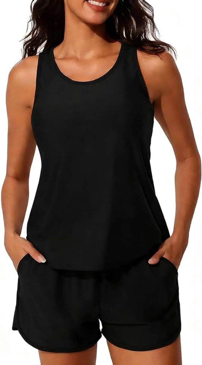 Tankini-set met hoge taille, tweedelig badpak, push-up, sexy, tankini, buikcontrole, dames, 2-delig, met shorts, grote maat, tweedelige sportbikiniset