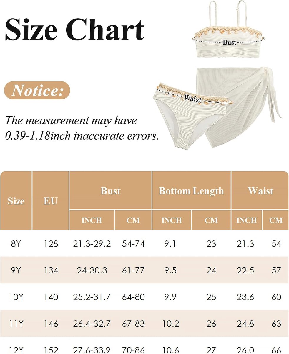 Meisjesbikiniset met mesh-rok, 3-delig badpak, modieuze schelp-decoratie, badmode, gevoerde badkleding voor kinderen van 8-12 jaar
