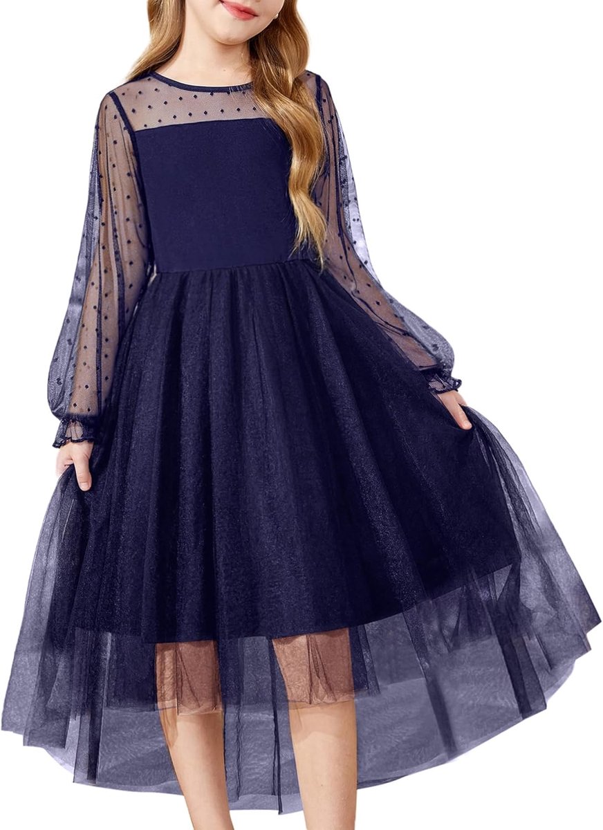 Jurk voor meisjes, feestelijke jurk met lange mouwen, mesh, tule jurk, kinderen, high low partyjurk, bruiloft, bloemenmeisjesjurken, communiejurk, 6-16 jaar