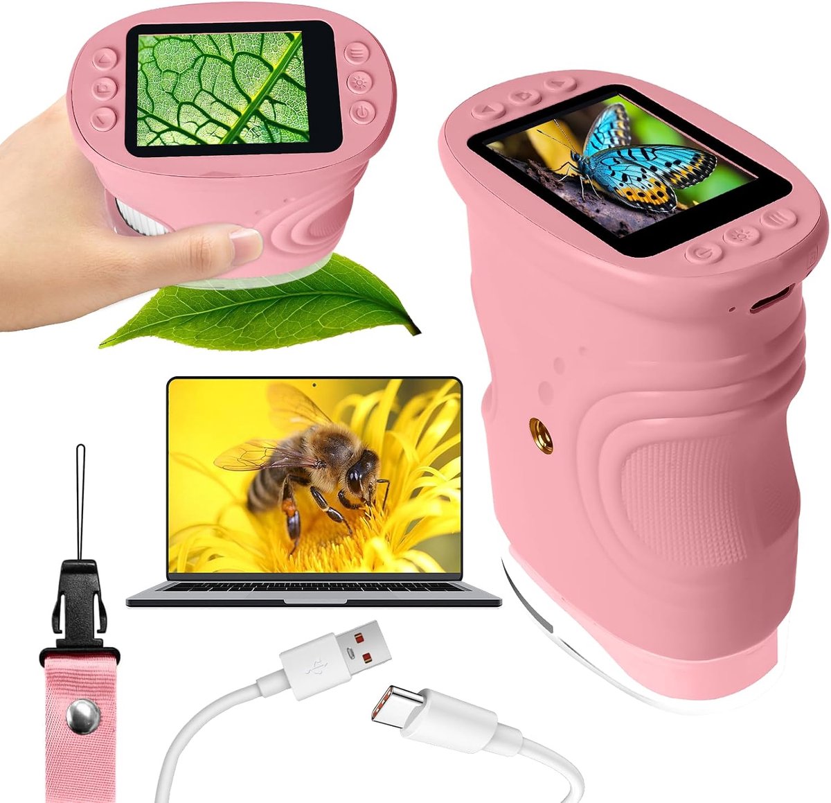 Digitale microscoop voor kinderen, 1000 x draagbare zakmicroscoop met 4K 2,0 inch scherm voor kinderen, mobiele telefoon-microscoop, vergrootglas, ondersteunt foto en videofuncties, Roze