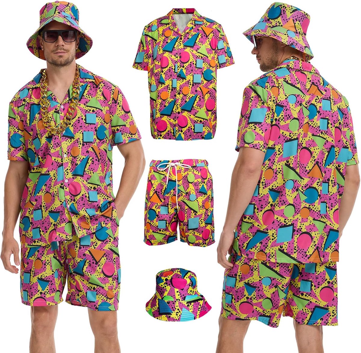 80 Hiphop T-shirts en shorts voor heren, 3-delige retro jaren 80-90 hiphop sportkleding, schelppak voor heren, verkleedkostuum voor strandfeest, muziekfestival, carnaval, disco