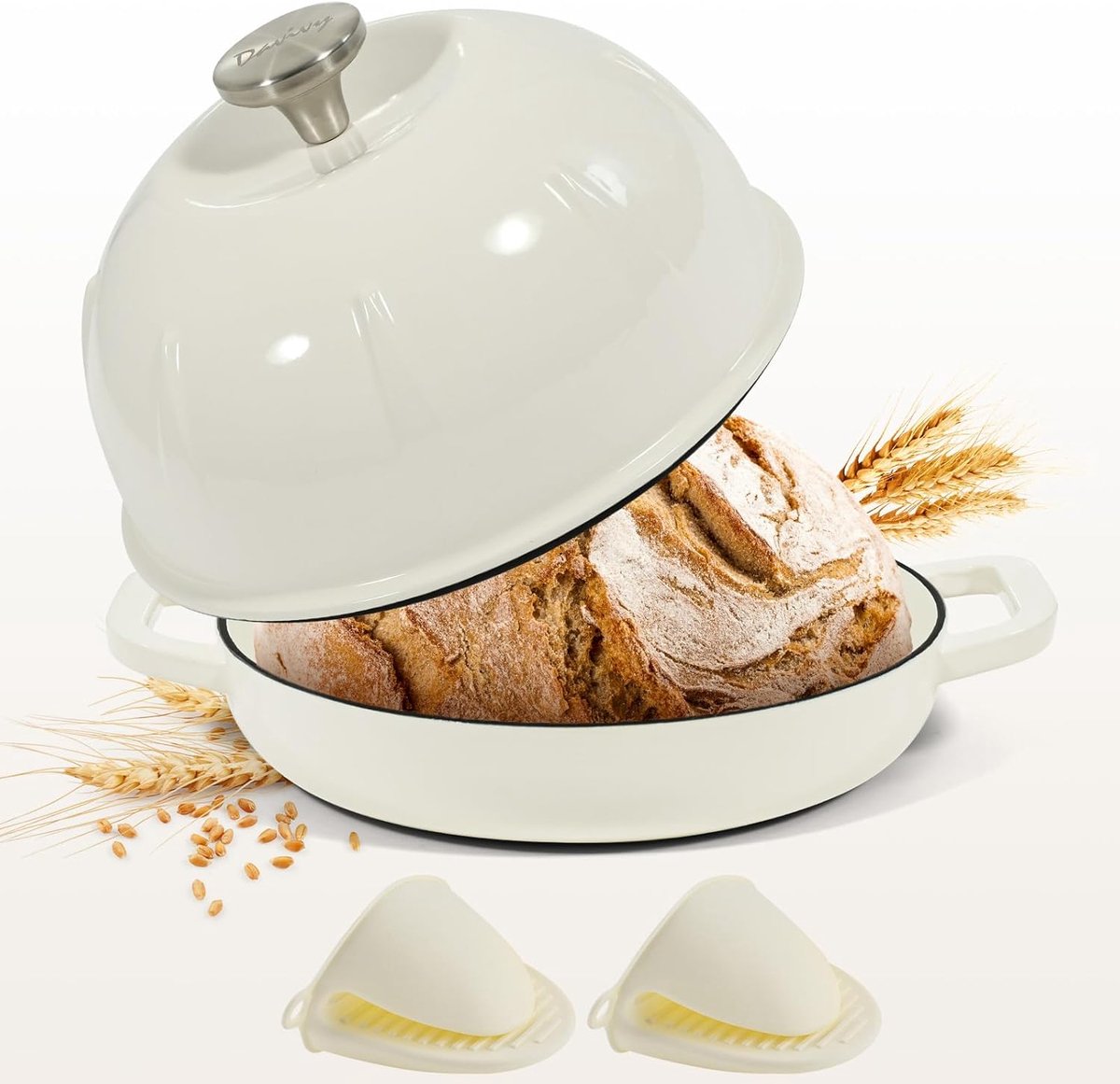 Gietijzeren Nederlandse oven voor zuurdesembrood, Hollandse ovenpan met koepelvormig deksel, gietijzeren broodpot - met siliconen grip, wit