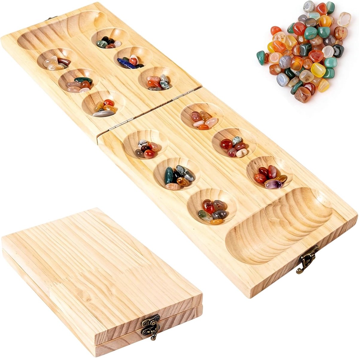 Houten steenspel, opvouwbaar steentjesspel | houten steentjesspel met 50 stenen, Kalaha-spel Geschikt voor kinderen en volwassenen, kan als cadeau worden verschenkt