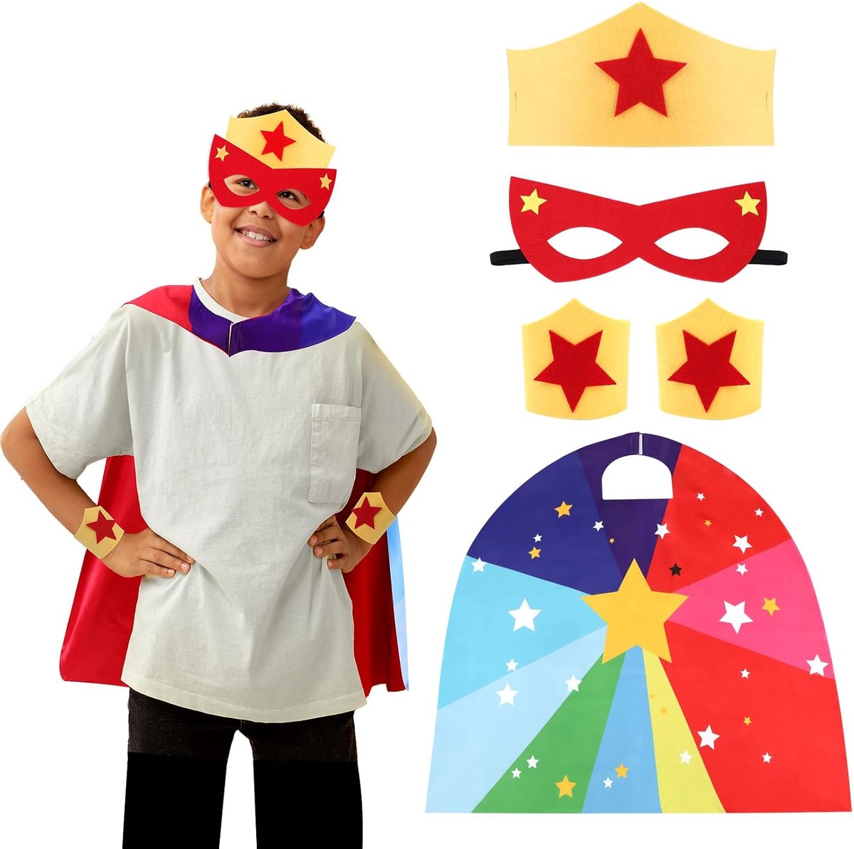 Superhelden cape voor kinderen, superheldenkostuumset met superheldenmasker en cape, kroon, armbanden, perfect voor Halloween, carnaval, cosplay, kostuum, accessoires voor kinderen van 3-10 jaar