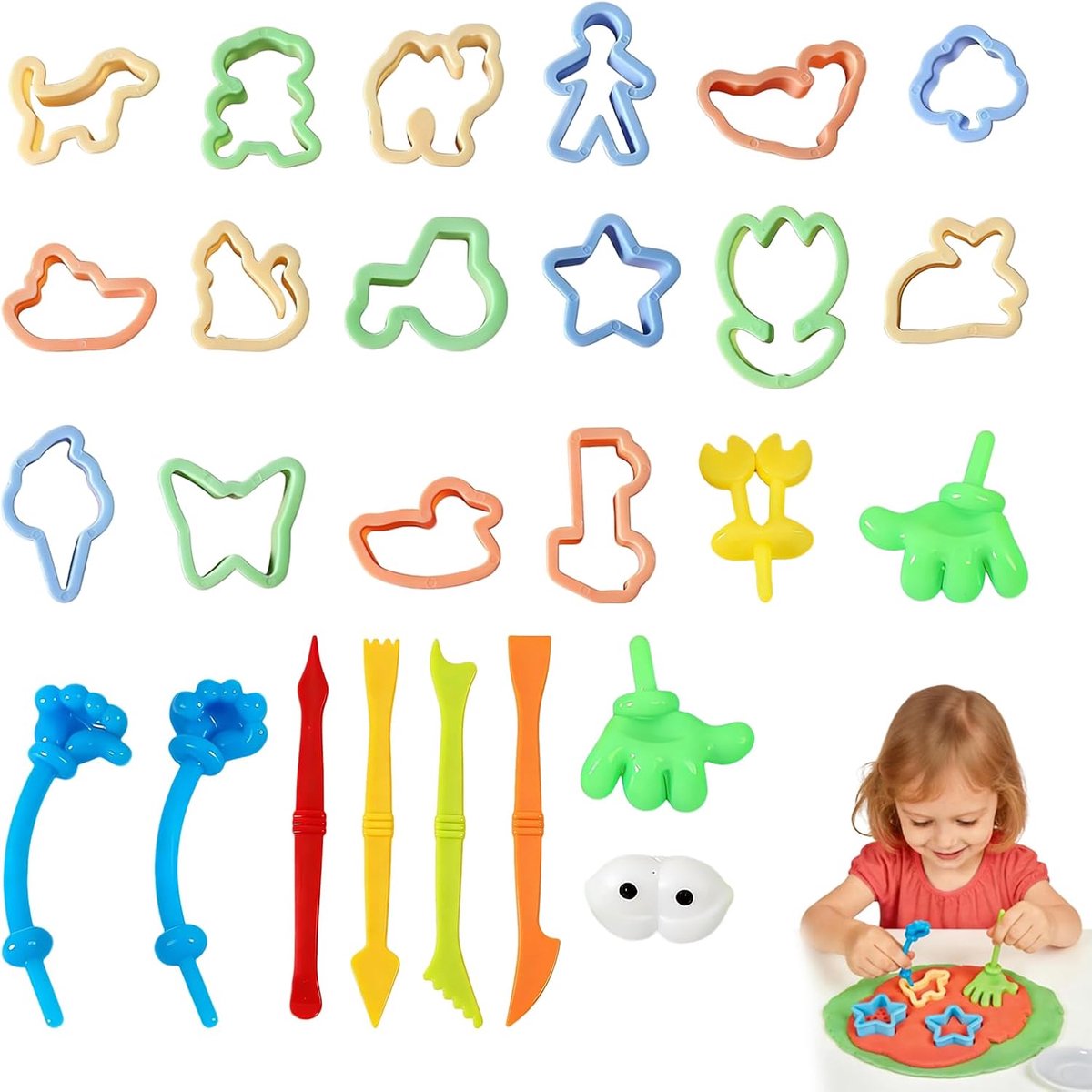 Set van 22 accessoires voor boetseerklei en zand: 12 uitsteekvormpjes, 3 gereedschappen en 7 figuren - creatieve set voor kinderen vanaf 2 jaar - gieten en modelleren