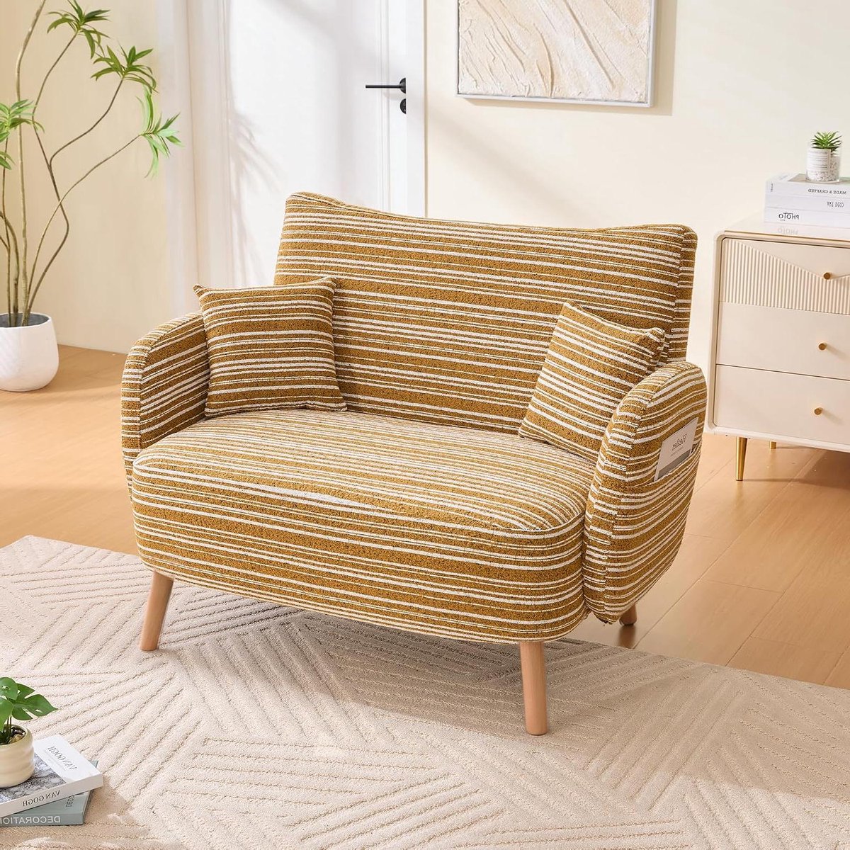 Tweezitsstoel Gestoffeerd - Comfortabele Fauteuil - Ontspannen Zitten - Zijvakken Opbergruimte - 121x81x87cm - Mosterdgeel