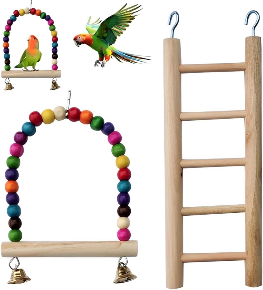 Speelgoed, papegaai speelgoed, papegaai giet bezem bevat klokken houten kralen, houten ladders, schommel om op te hangen, parkiet, kleur
