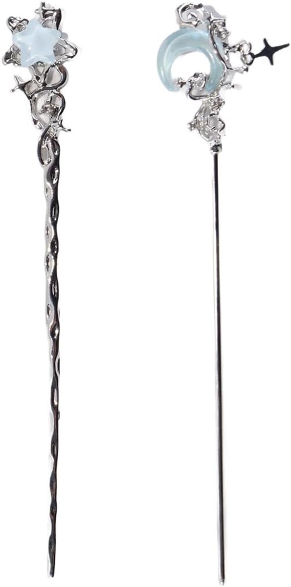 2-delige haarstokset voor vrouwen Vintage metalen haarstokken met maansteenaccenten Elegante zilverkleurige haarspelden