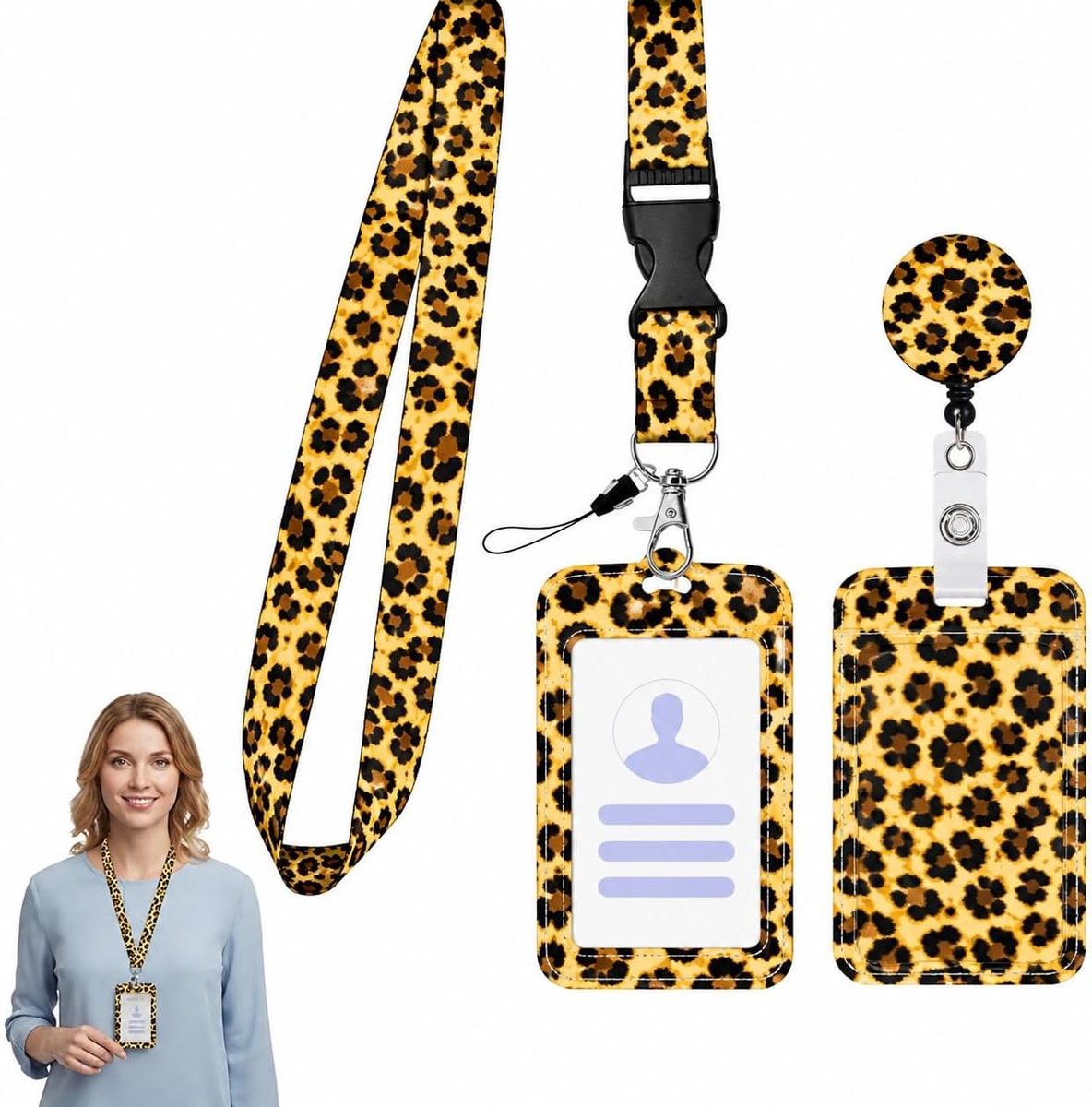 Badgehouder met Luipaardprint - Kaarthouder Kaart Hanger - Snelle Toegang Kaarten - Verticaal Dubbele Kaarten - 2 kaarten - Geel