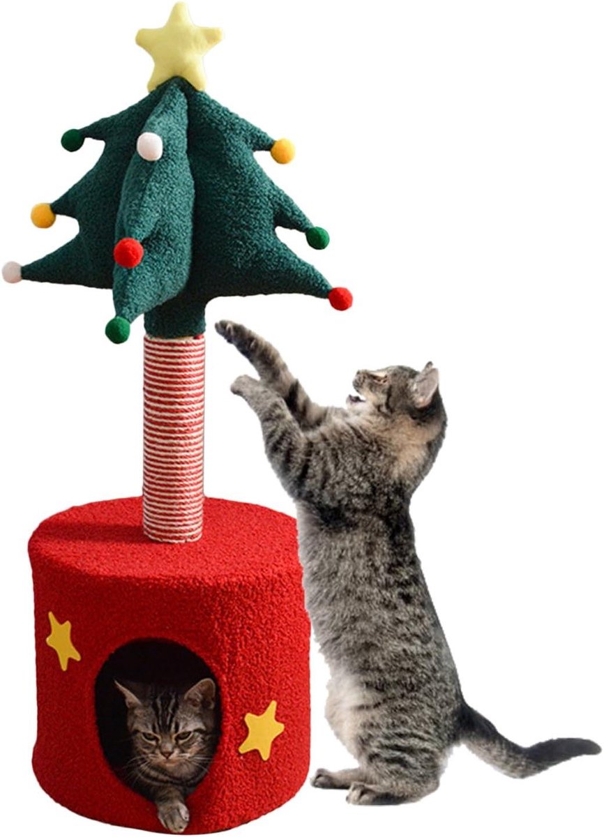 Krabtoren voor katten - Kattenkrabpaal speelboom - Klimmen en spelen - Kerstboom design - 84 cm hoog - Rood
