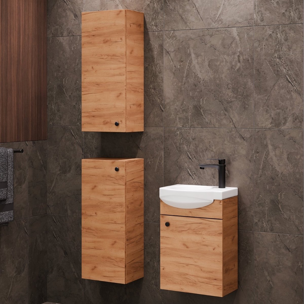 Planetmöbel - Badkamermeubelset 40 cm - Gold eiken - Met keramische wastafel - 2x Midikast
