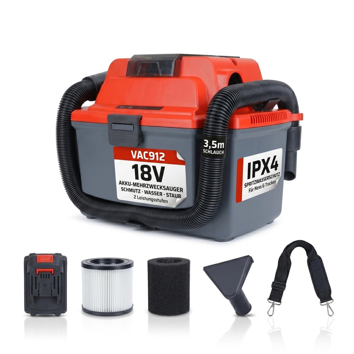 STAHLMANN VAC912 accu-nat- en droogzuiger 18 V incl. accu – Draadloze nat- en droogzuiger voor auto, werkplaats, garage en bouwplaats | Zuigt nat en droog | Blaast | HEPA-filter | Accu-autostofzuiger
