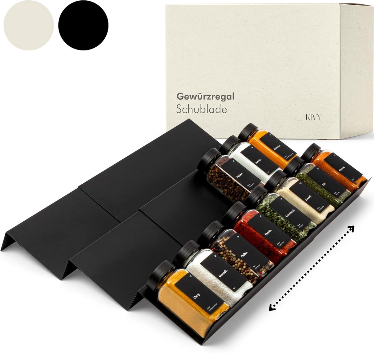 SnelShoppen - Spice Rack met Metal Drawer - Verstelbare Keuken Organizer, Geschikt voor Alle Lades, Kruidensysteem, Opslagoplossing, Grey, White, Blac