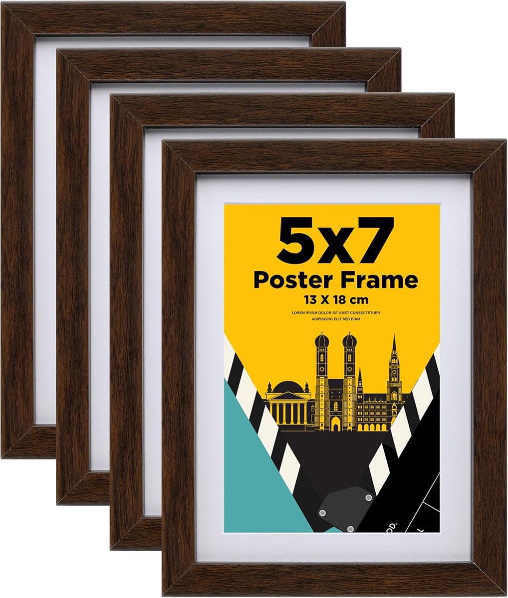 SnelShoppen - Set van 4 Fotolijsten 13 x 18 cm - Stevige Houten Fotolijsten met Echt Glas - Bruin - Voor Wanddecoratie of Tafeldecoratie - Horizontaal