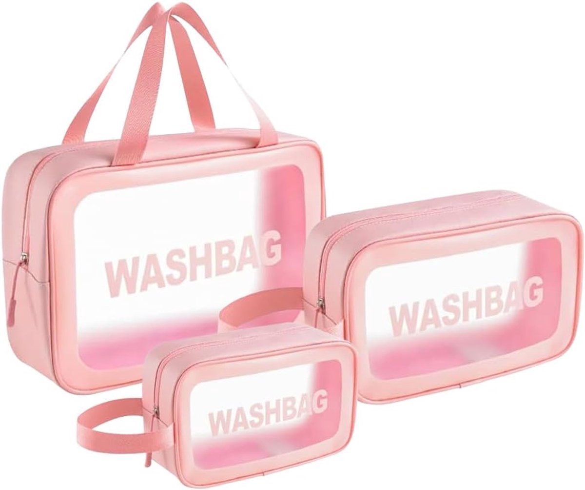 SnelShoppen - Transparante Toilettas - Waterdichte Cosmeticabag met Handvat - Roze - Geschikt voor Mannen en Vrouwen - Ideaal voor Reizen, Camping en