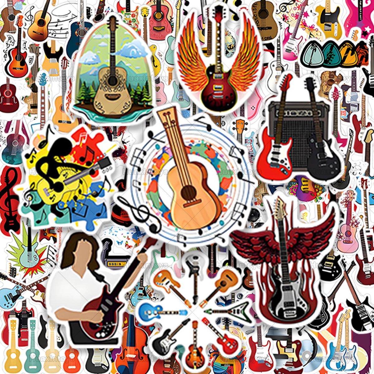 SnelShoppen - 110 Stuks Muziek Stickers, Gitaar Stickers, Vinyl Muzikale Instrumenten voor Laptop, Skateboard, Waterfles, Bagage, Waterdicht, Rock & R
