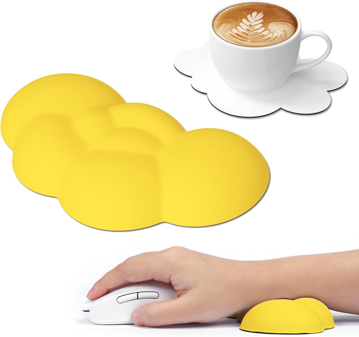 SnelShoppen - Ergonomische Geheugenfoam Muismat met Polssteun en Coaster - Zacht PU Materiaal - Ideaal voor Thuis, Kantoor, Gaming - Geel met Wolken