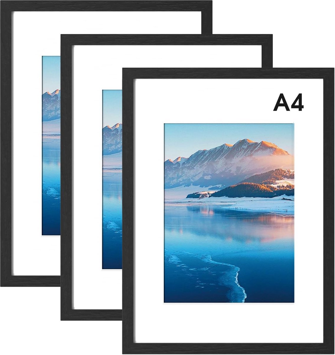SnelShoppen - Picture Frame A4 Zwart Hout - 3 Stuks 21 x 30 cm Fotolijst met Passe-partout voor Wanddecoratie en Tafelversiering - Perfect voor Herinn