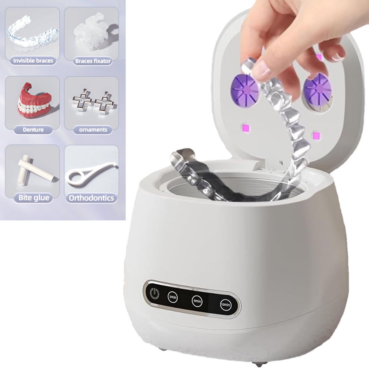 Ultrasone reiniger voor beugels - Kleine reiniger voor kunstgebitten - Retentie-reiniger - Ultrasone reiniger voor sieraden - Mondbeschermer 52 kHz - Draagbaar UV-reinigingsapparaat voor tandheelkundige hulpmiddelen voor volwassenen Reizen Thuis