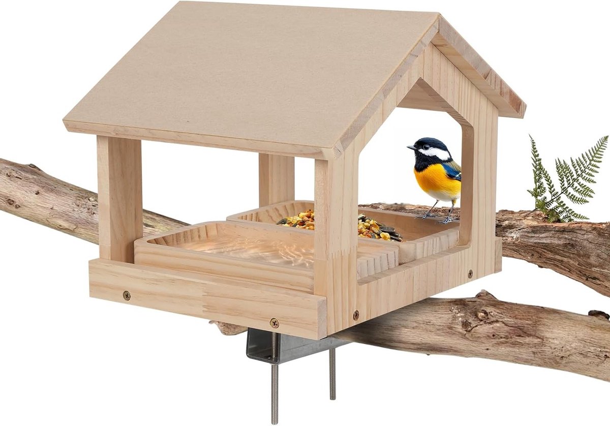 Grote Vogelhuis voor Buiten, Weerbestendige Vogelvoederhuis met 2 Houten Planken, Ideaal voor Balkon en Tuin, Vogelvoederdispenser voor Wilde Vogels en Tuinieren