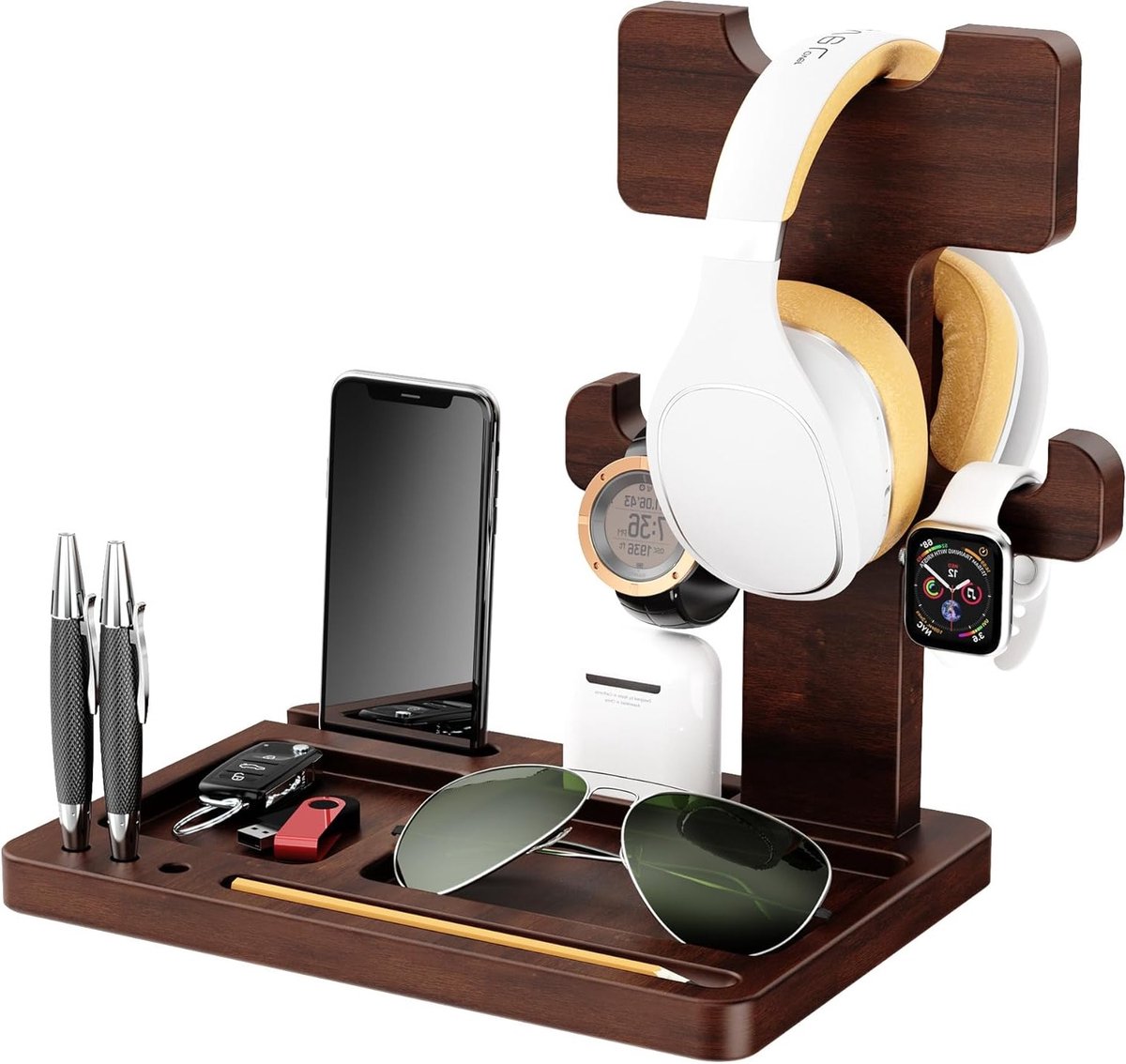 Houten Headset Houder voor Bureau, Gaming Hoofdtelefoon Stand met Multifunctionele Opbergruimte, Universele Hoofdtelefoonhouder, Geschikt voor de meeste Hoofdtelefoons en Accessoires