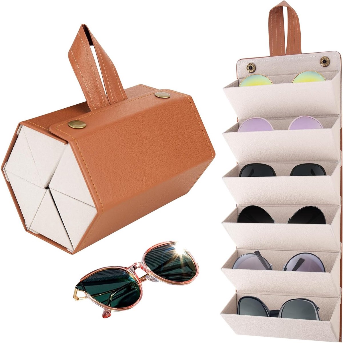 Reisbril Etui met 6 Slots, Opvouwbare Brilhouder van PU Leer, Multifunctionele Organizer voor Zonnebrillen en Brillen