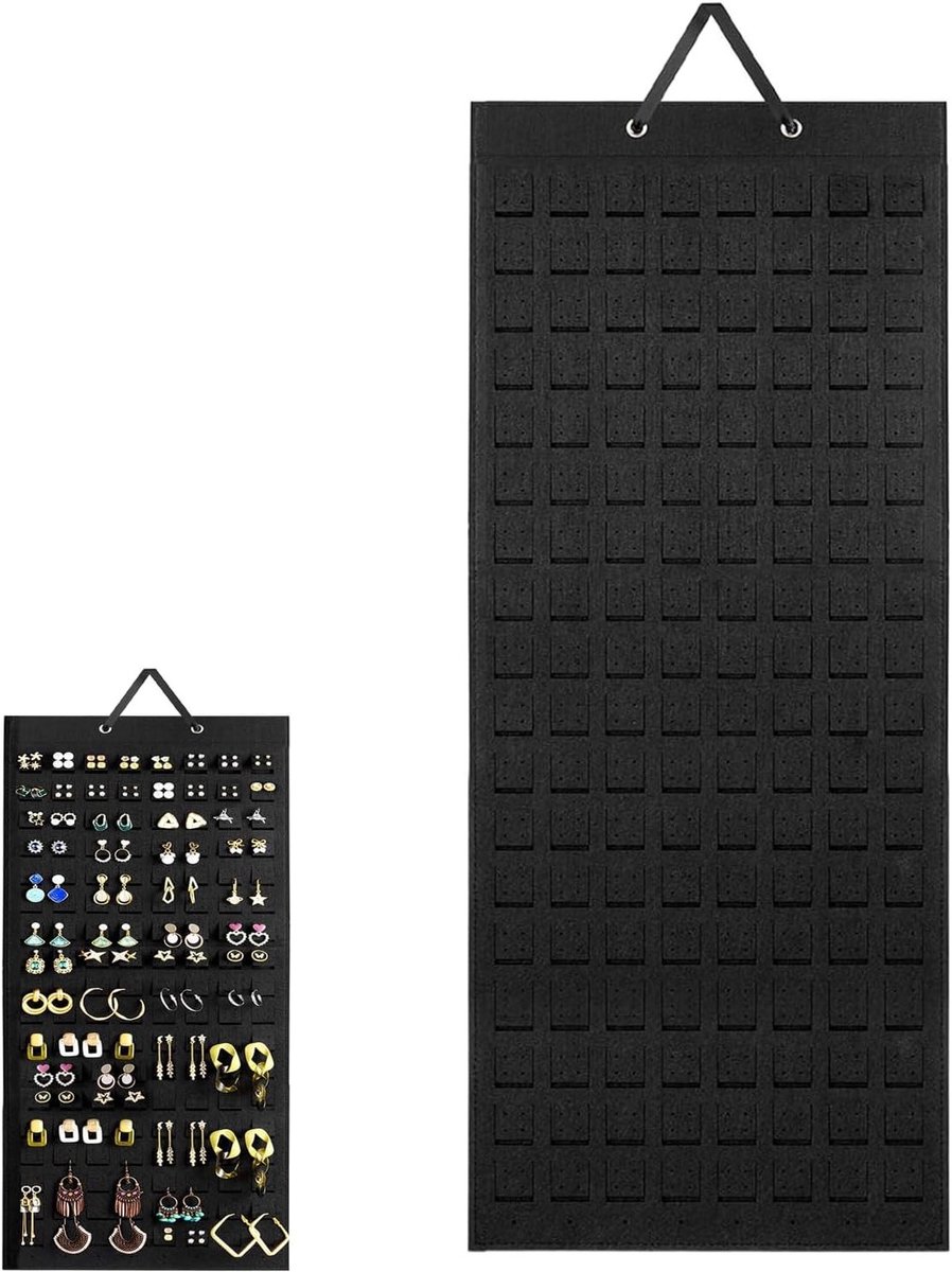 Hangende oorbelorganizer voor sieradenopslag, wandhouder voor oorbellen en ringen, 57 x 35 cm (zwart)