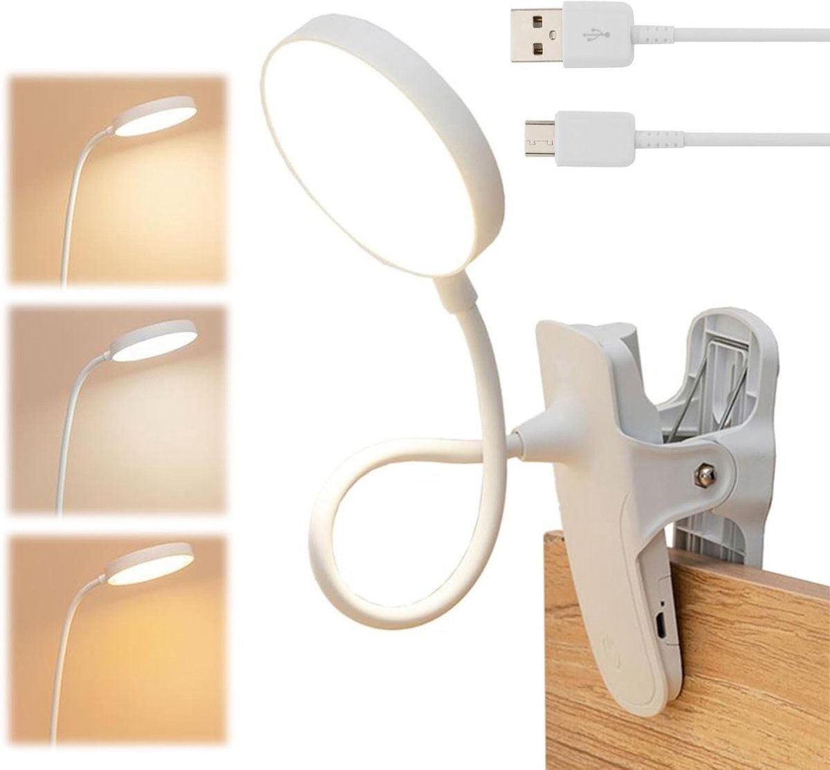Oplaadbare Leeslamp met Clip - 3 Kleurtemperaturen, Continu Dimbaar en Flexibele Nek voor 