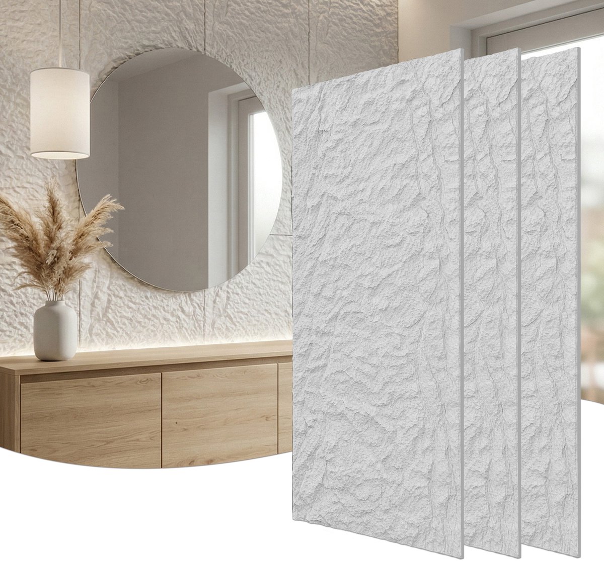 Froadp 6 stuks Plaatwerk met rotslook, 120 x 60 cm, 5 cm dik wandpanelen, PU-wandbekleding Zuiver wit