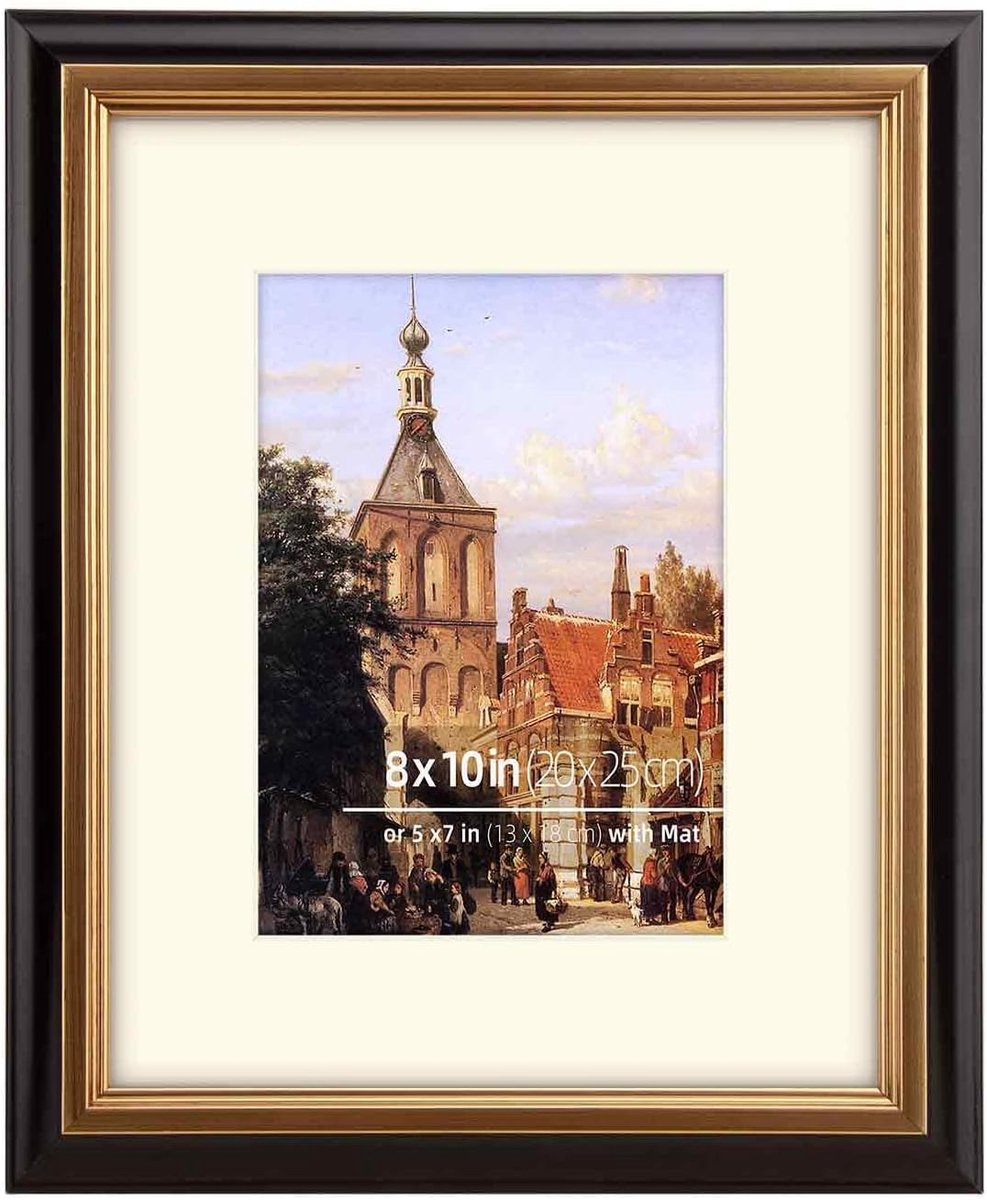 SnelShoppen - 8x10 Inch Zwart en Gouden Rand 2-Ton Vintage Galerie Fotolijst, Massief Hout, Geschikt voor 13x18cm Foto, Kunst of Tekening, Echt Glazen