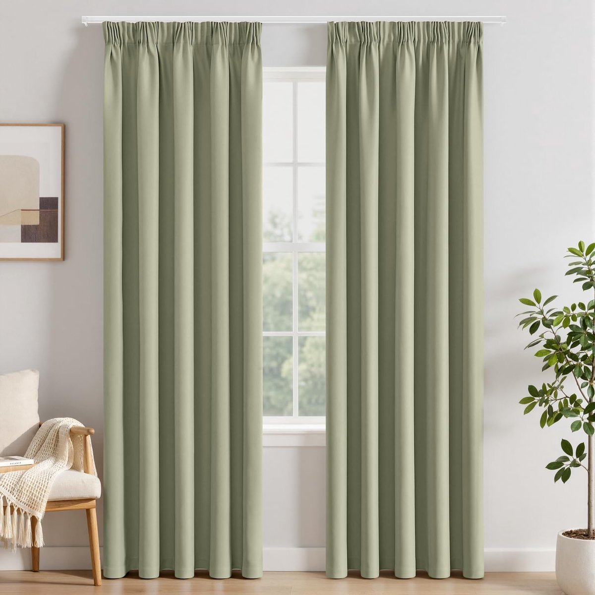 SnelShoppen - Blackout Gordijnen met Ruffle Tape Salie Groen 260 cm Lang Opaque Thermo Gordijnen Set van 2 voor Woonkamer en Slaapkamer 260 x 140