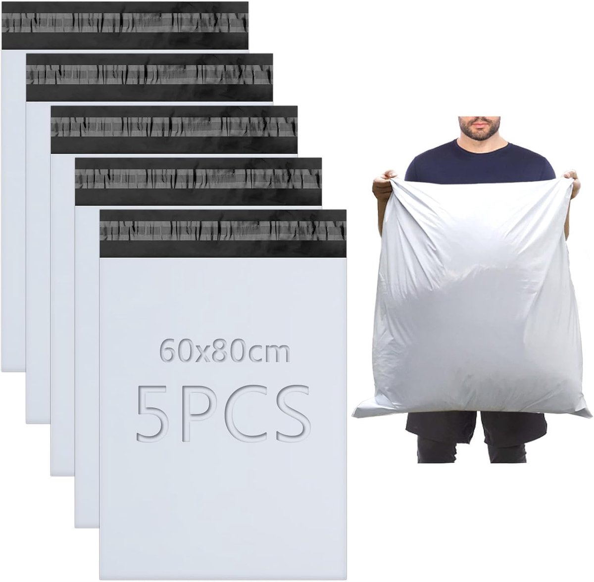 SnelShoppen - Pack van 5 Grote Verzendtassen 60x80 cm, Zelfklevend, Opaque Verzendzakken voor Kleding, Verzending, Textiel, Goederenverzending