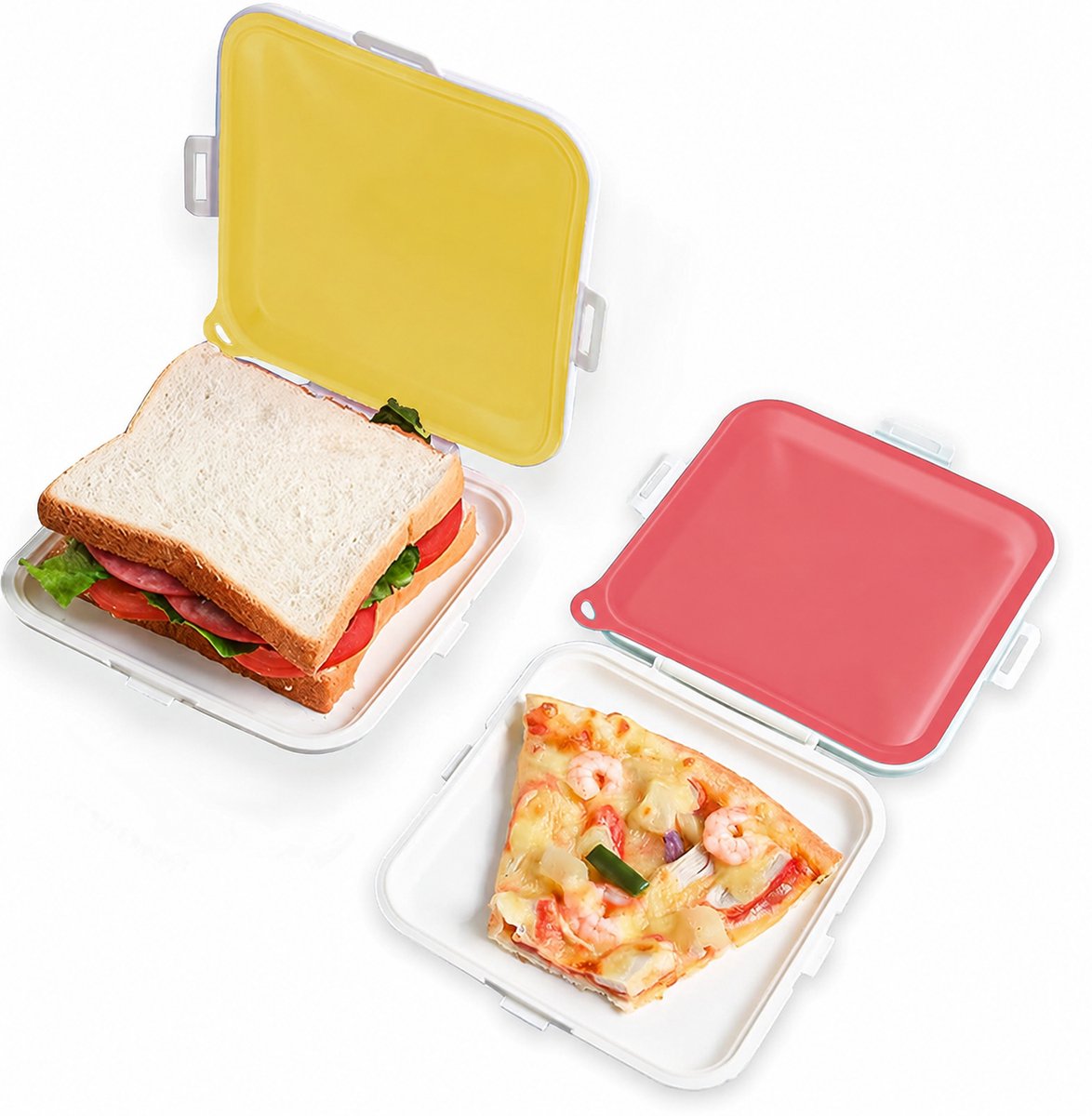 Daity 2 stuks - Sandwichbakjes,broodtrommel, siliconen sandwichbewaarbakjes met kliksluiting, lunchbox, BPA-vrij, lekvrij, herbruikbare plastic sandwichhouder voor fruit, salade, snacks en andere etenswaren (geel + roze)