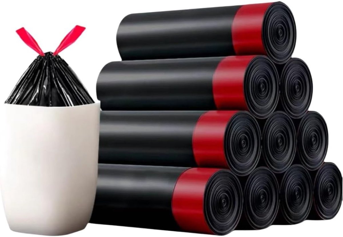 SnelShoppen - 75 Stuks Lekvrije Treksluiting Vuilniszakken Keukenafvalzakken Zwart, 20L - Perfect voor Huishoudelijk Gebruik, Camping, Feestjes